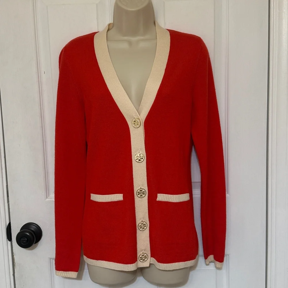 Tory Burch Merino Wool Cardigan Red Cream Trim Gold Logo Buttons Size S